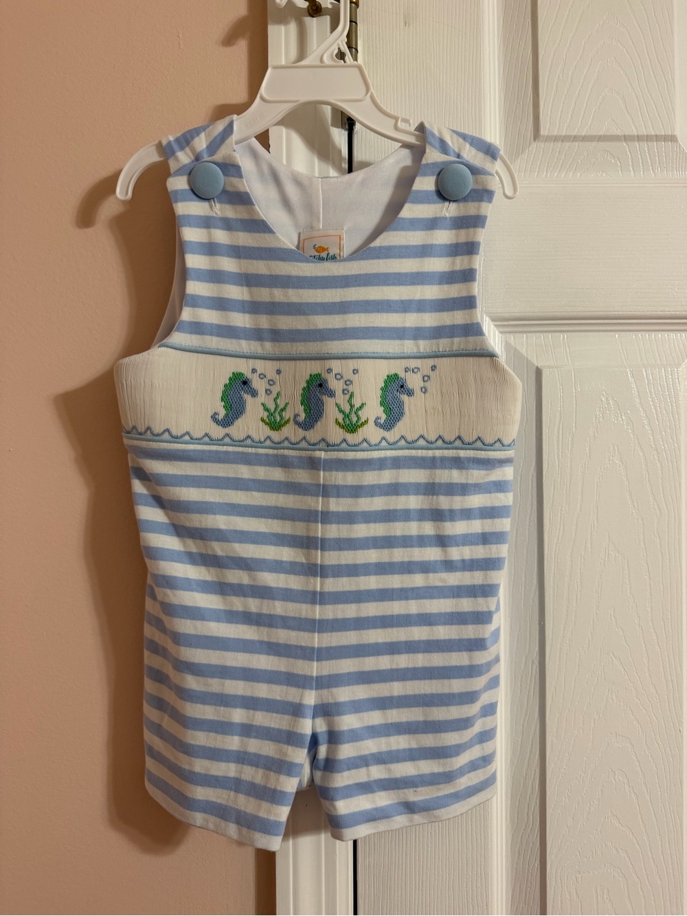 Stitchy Fish Blue and White Striped Seahorse Romper